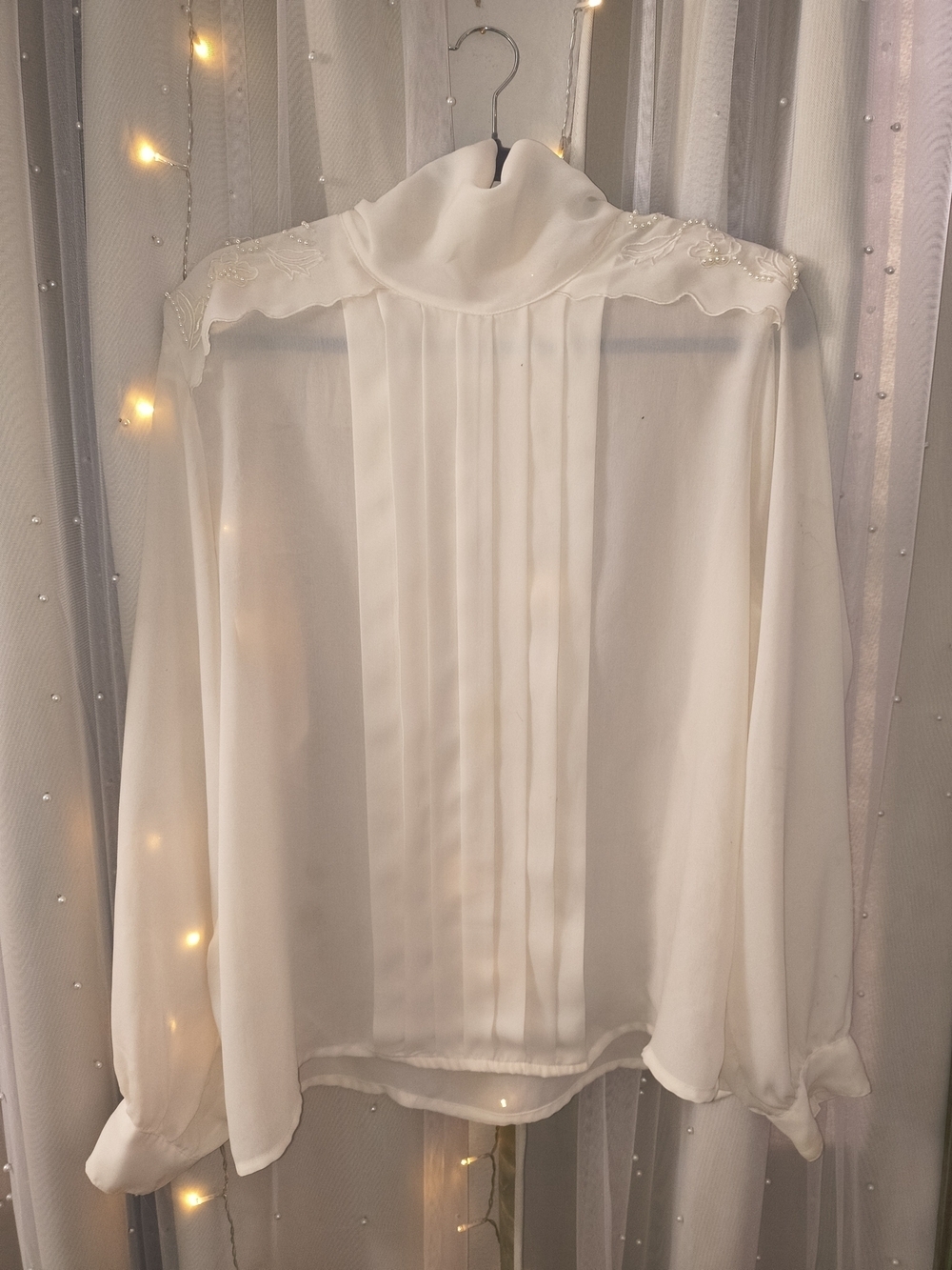 Vintage Karen Scott Sheer Ivory Embellished High Neck Blouse